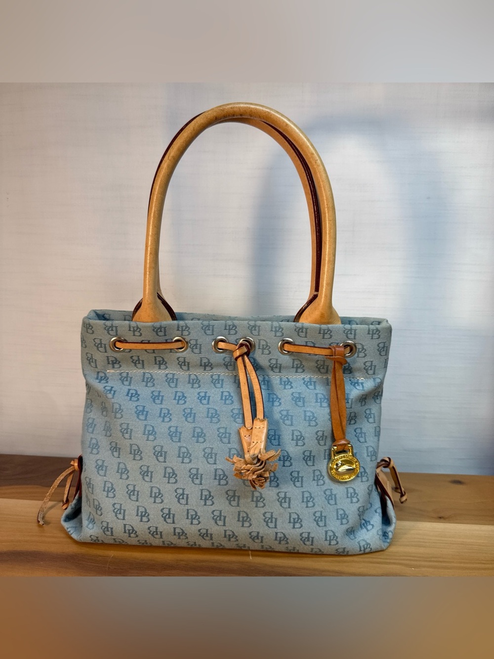 Vintage Dooney & Bourke Bag Purse Tassel Tote Shoulder Signature Logo Light Blue